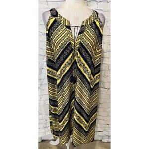 Tacera Boho Stretchy Shift Dress 2X Flowy Sleeveless Navy/Yellow Print